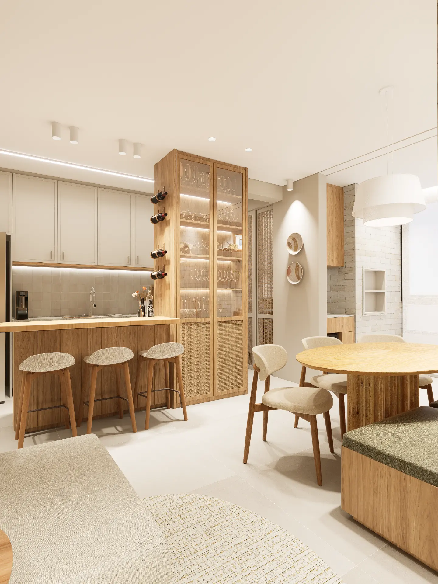 Render de cozinha e jantar integrados em tons claros e madeira natural