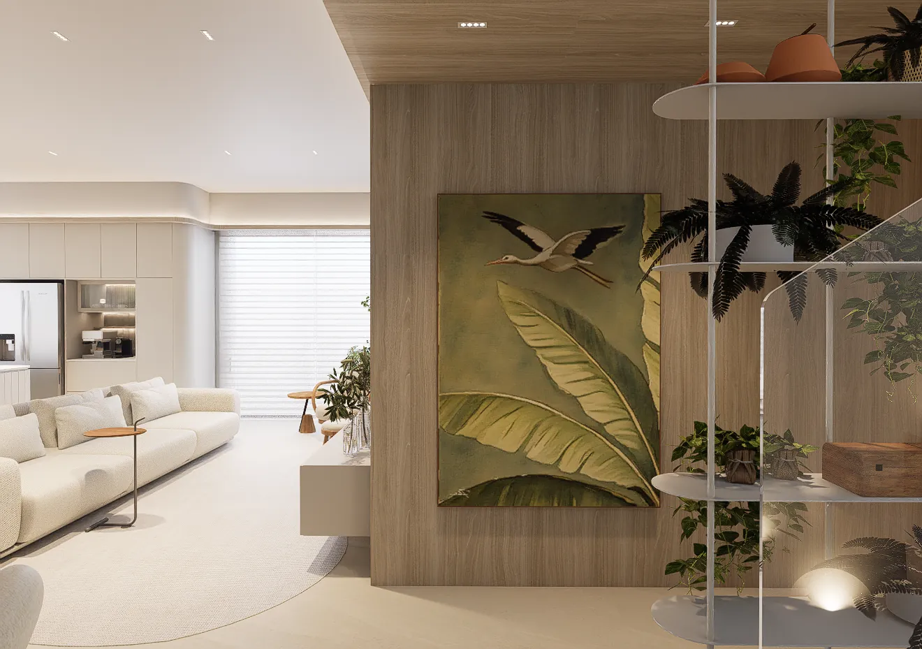 Render de living integrado com painel de madeira, quadro de garça e estante com plantas