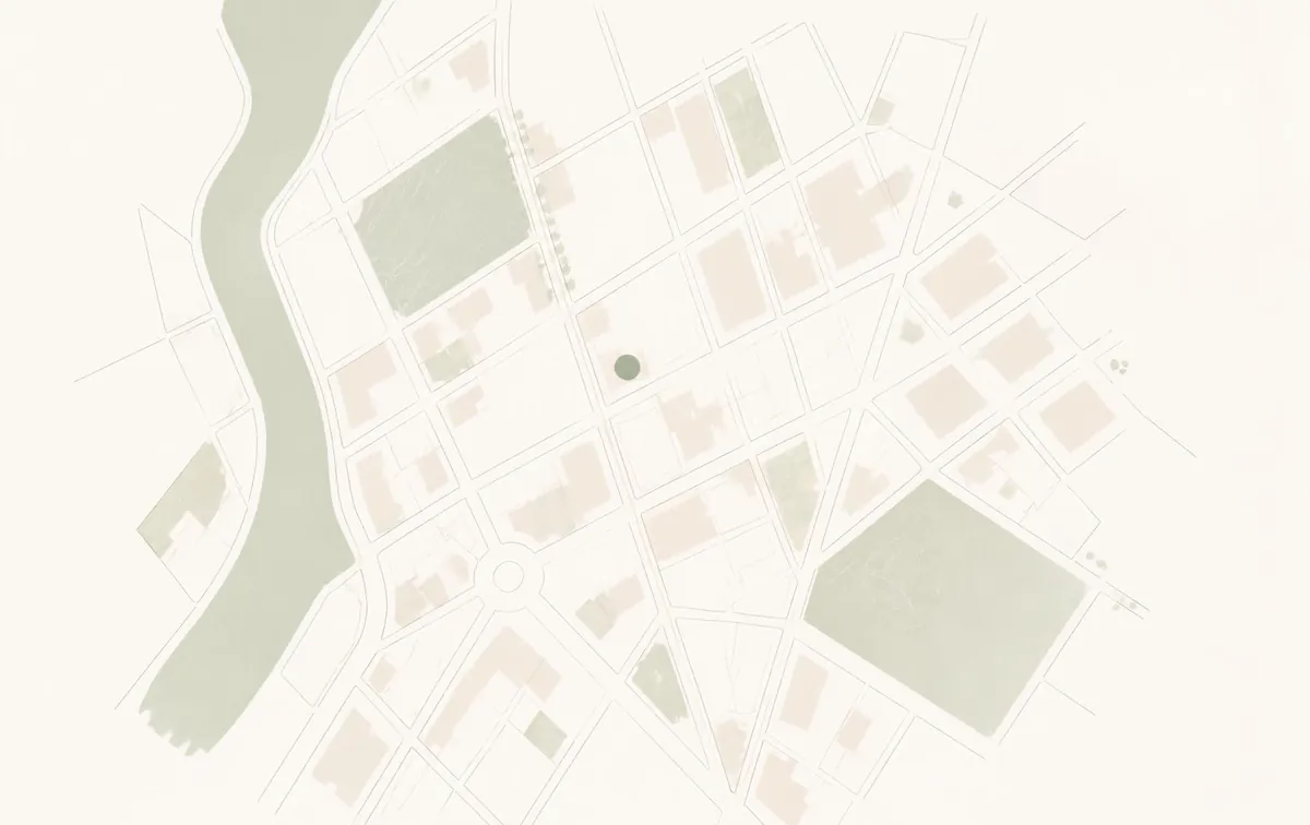 Mapa estilizado do entorno do escritório na Vila Industrial, em Toledo, Paraná