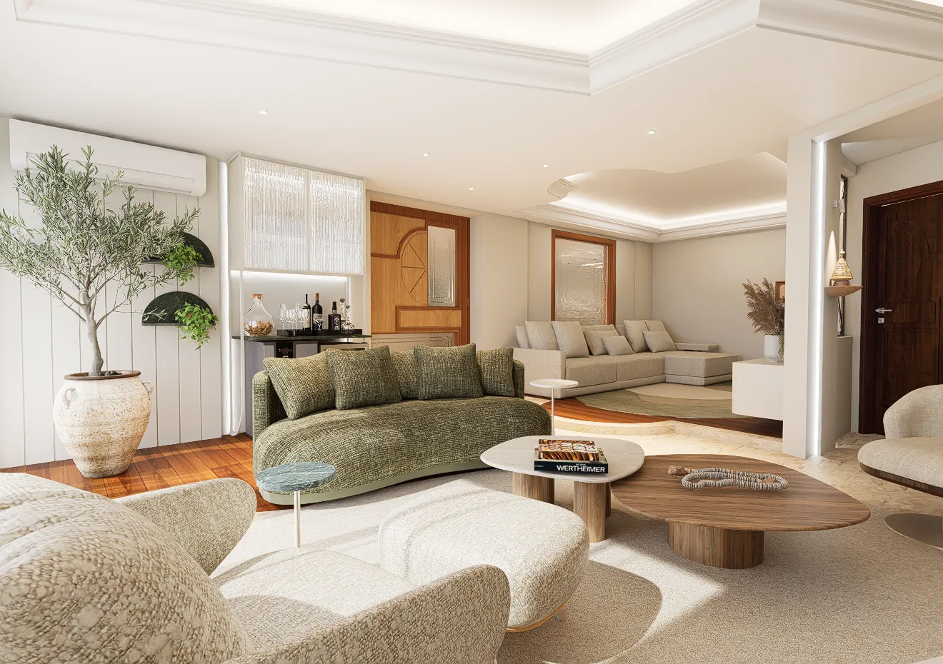 Projeto de interiores de apartamento com sofá verde de linhas curvas, lareira revestida em pedra verde, madeira em tons quentes e cozinha clara com ilha iluminada.