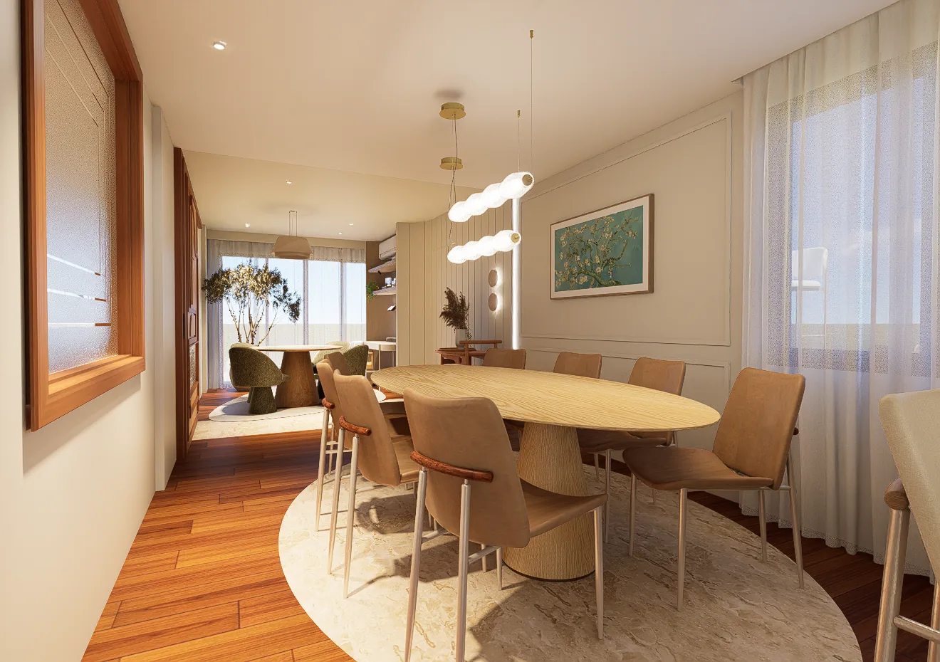 Sala de jantar com mesa oval de madeira, pendentes de vidro e tapete redondo