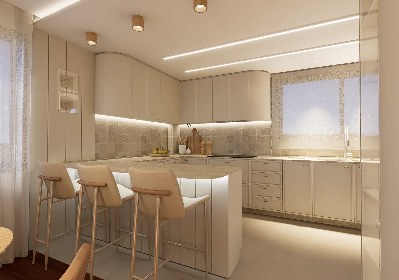 Cozinha clara com ilha iluminada, banquetas de madeira e cristaleira