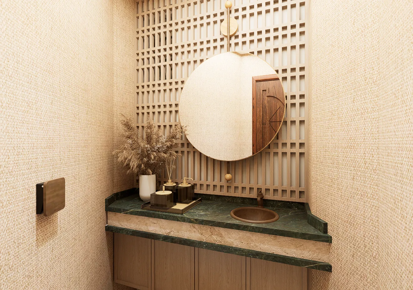 Lavabo com espelho redondo, painel de treliça e bancada de pedra verde