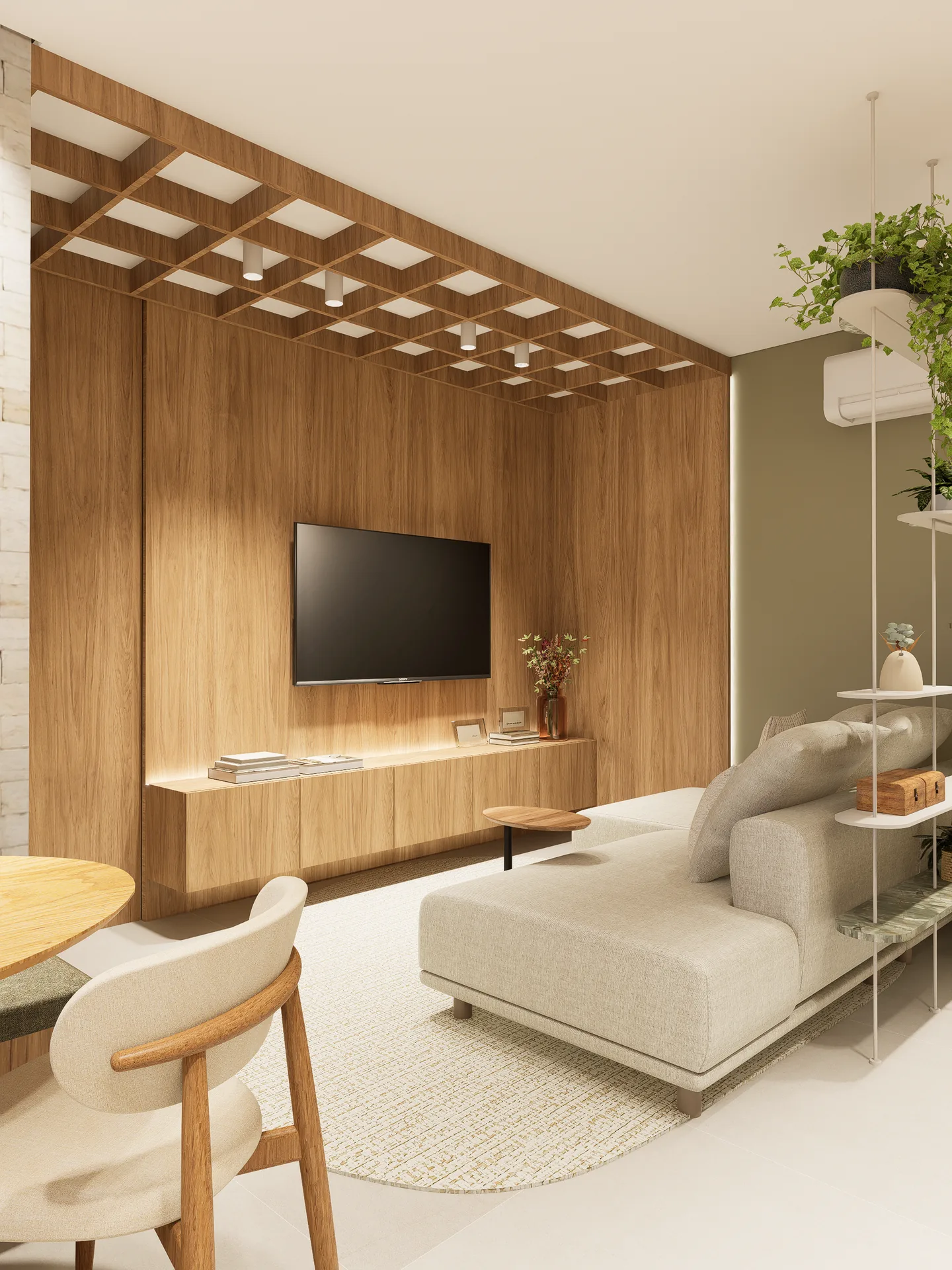 Projeto de interiores de apartamento compacto com madeira natural, pergolado sobre o estar, banco estofado no jantar e cozinha linear integrada.