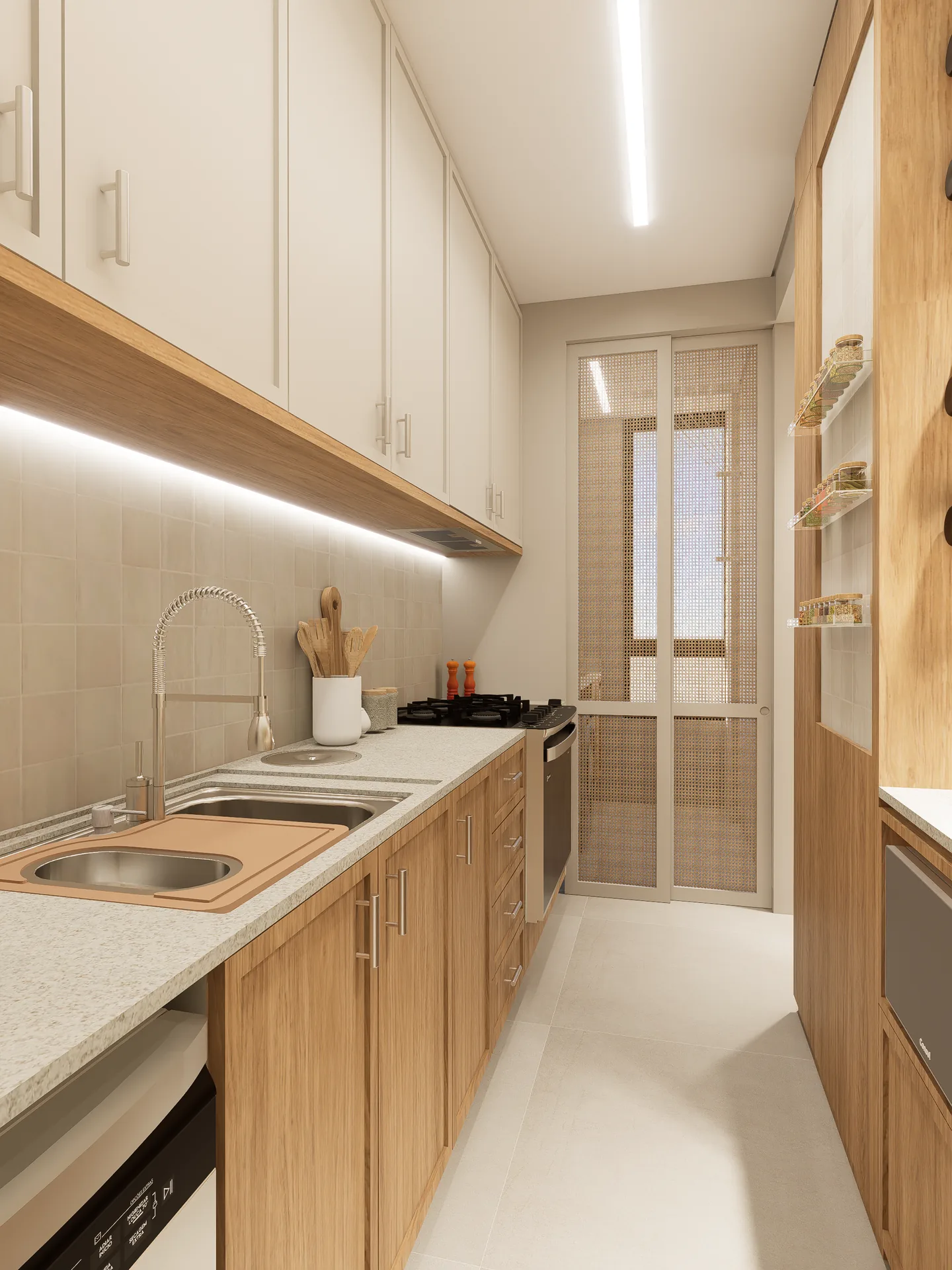 Cozinha linear com marcenaria de madeira, bancada clara e iluminação embutida