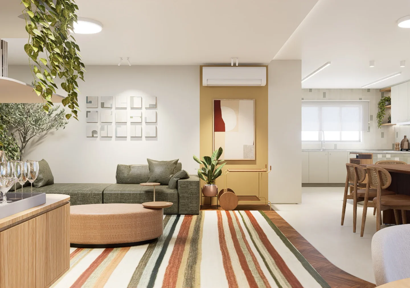 Projeto de interiores para uma casa de família, com área social integrada, arco de madeira na entrada, piso em espinha de peixe e uma paleta própria para cada ambiente privativo.