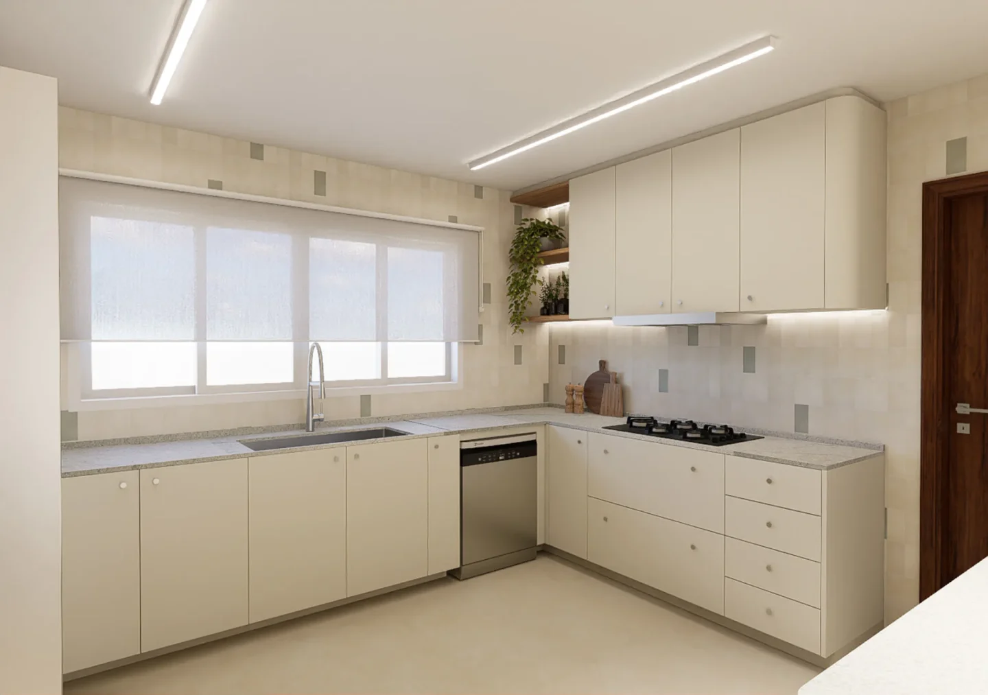 Cozinha em L com marcenaria off white, bancada de pedra clara e revestimento em tons de areia e verde