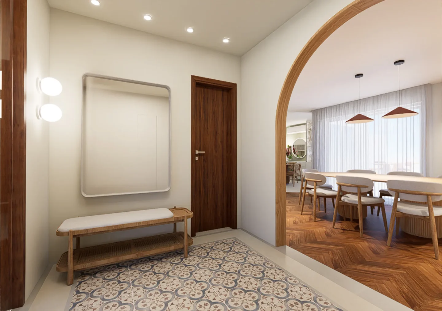Hall de entrada com banco de madeira, espelho de moldura clara, ladrilho hidráulico e arco de madeira para a sala de jantar
