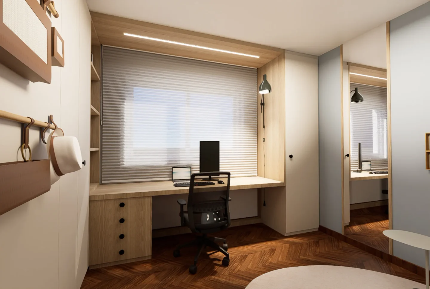 Quarto com home office integrado, bancada de madeira clara, iluminação linear embutida e closet aberto