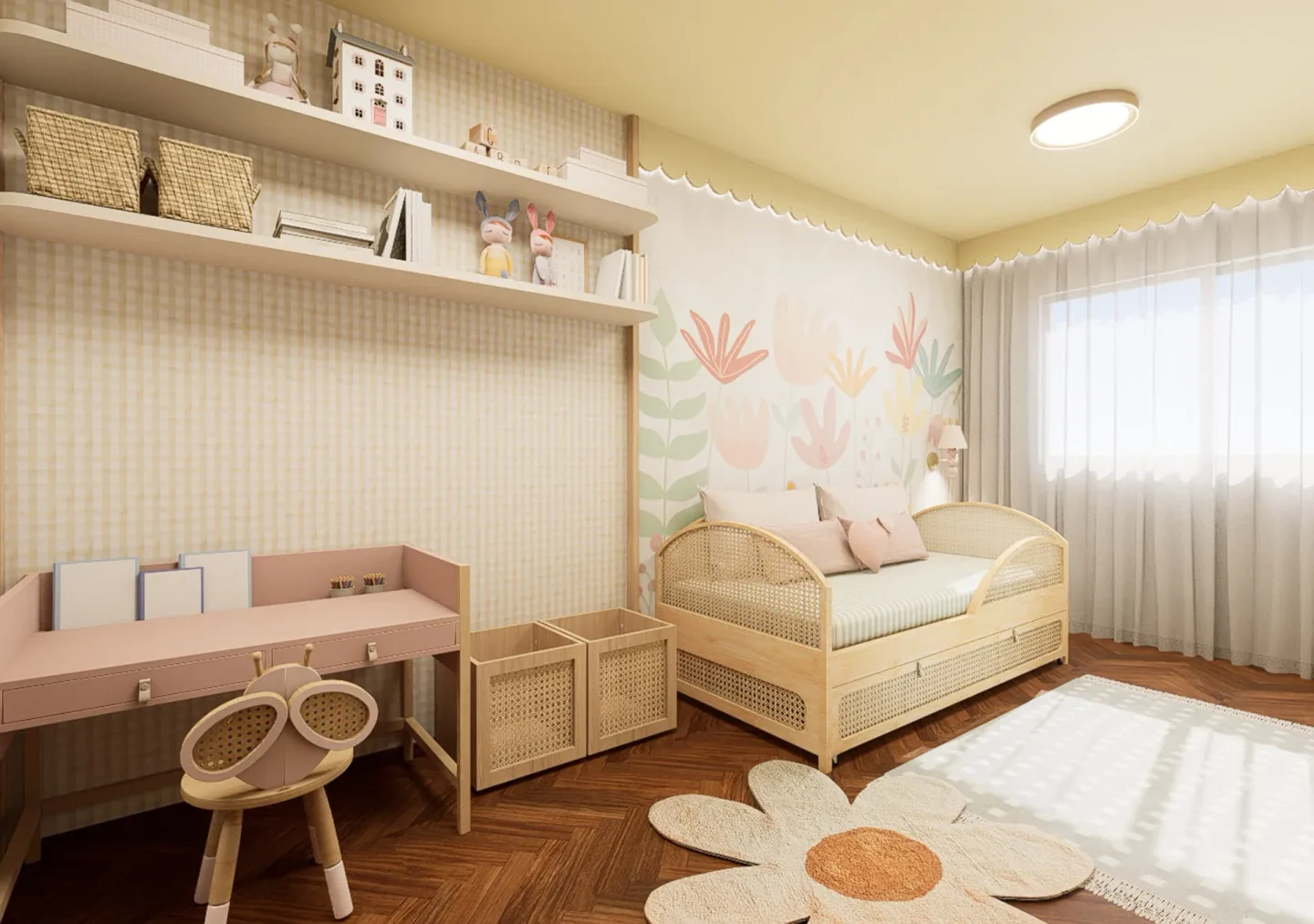Quarto infantil com papel de parede xadrez, mural floral, cama de palhinha e escrivaninha rosé
