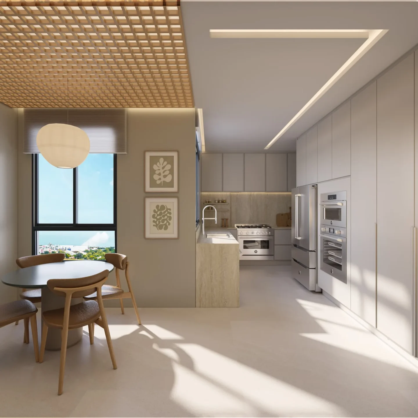 Cozinha do duplex com bancada de travertino, torre de fornos em marcenaria clara e forro de trama vazada em madeira