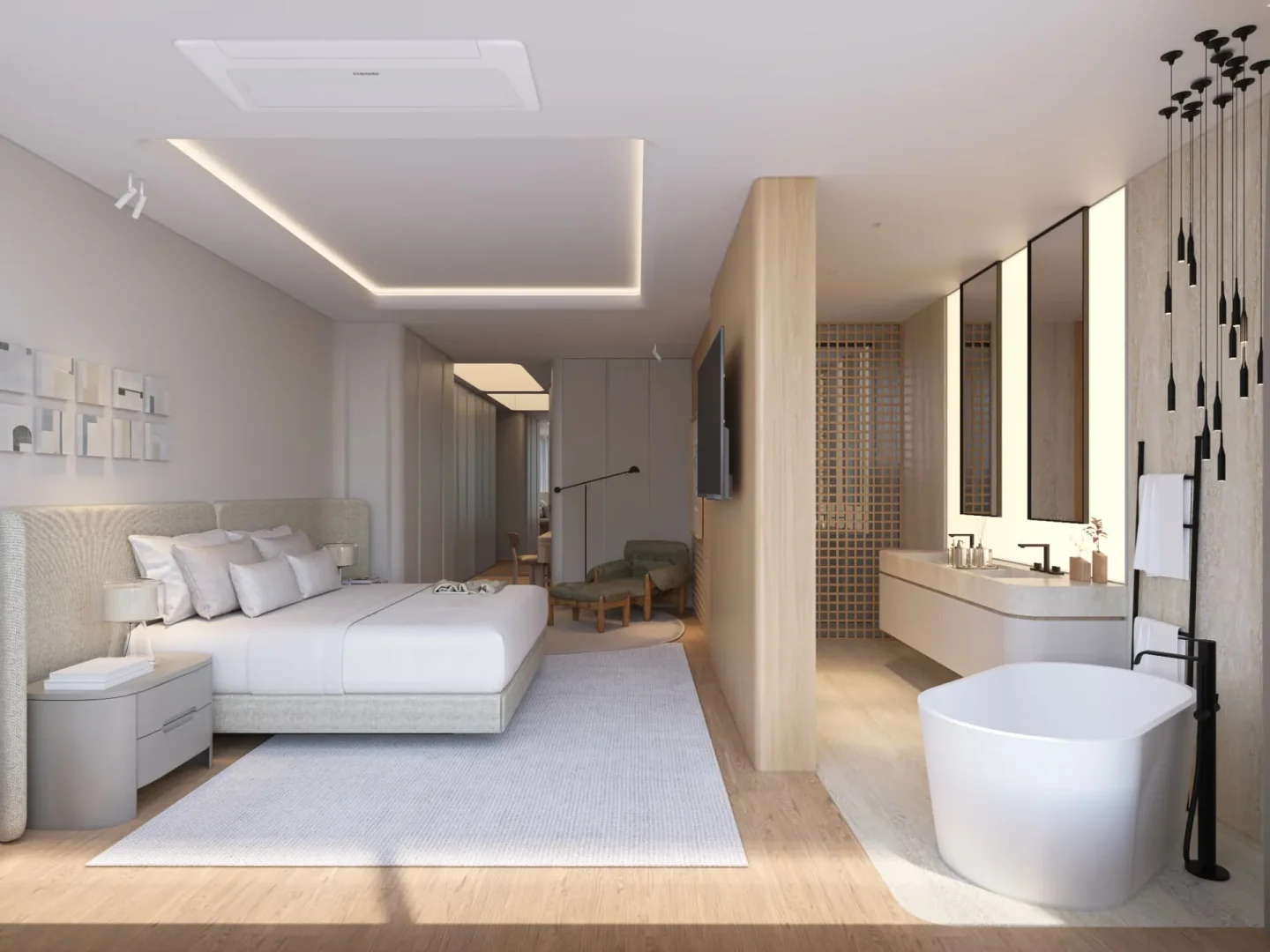 Suíte master do duplex com cama estofada, volume de madeira e banheiro integrado com banheira livre e bancada de pedra