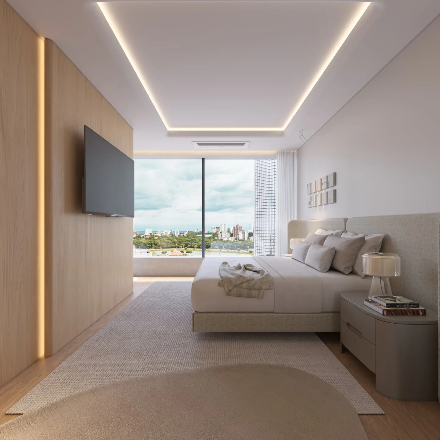 Suíte master do duplex com painel de madeira clara, sanca de luz contínua e vista da cidade pela janela de piso a teto
