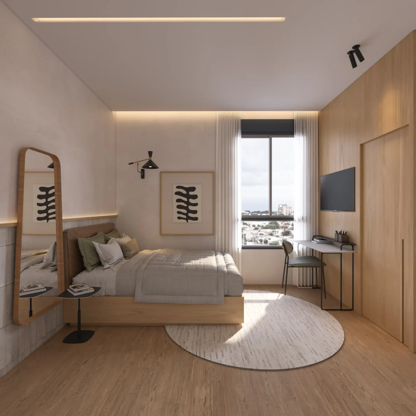 Quarto com marcenaria de madeira, espelho de corpo inteiro, escrivaninha suspensa e roupa de cama em verde oliva