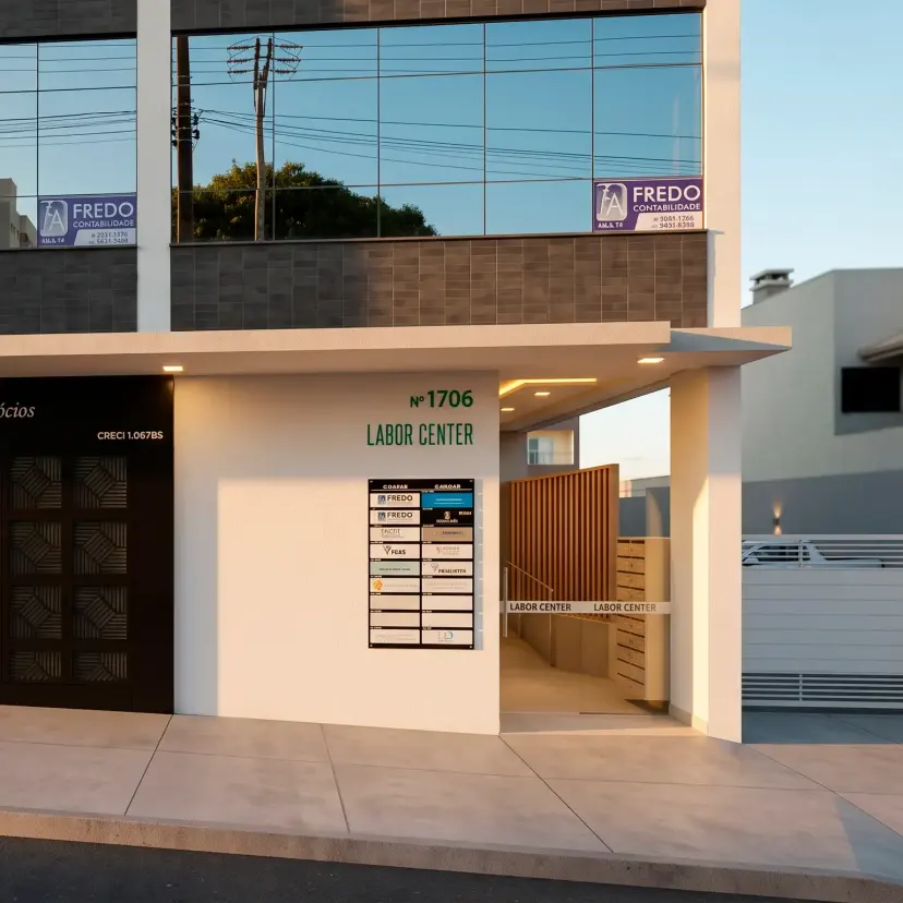 Fachada do edifício onde fica o escritório, com a entrada identificada pelo número 1706